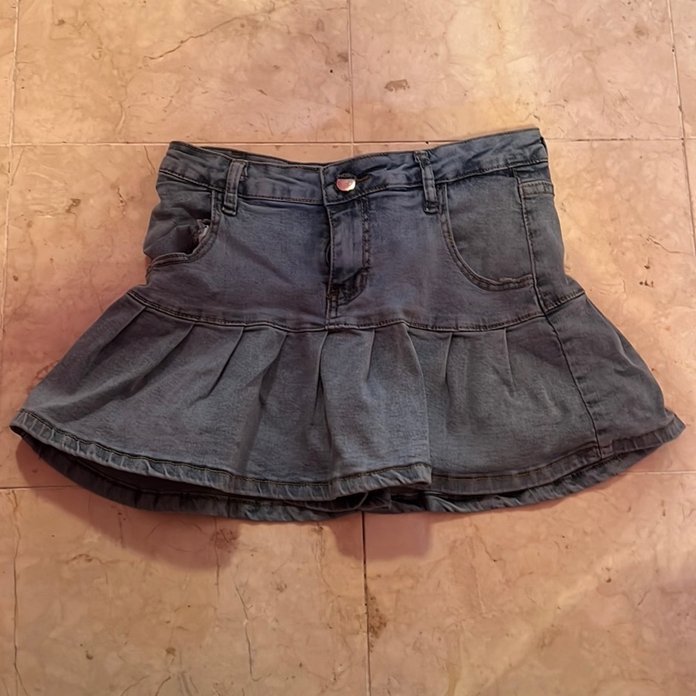 Mini High Waisted Light Blue Denim Skirt. Ruffle Lined With Built In Shorts.